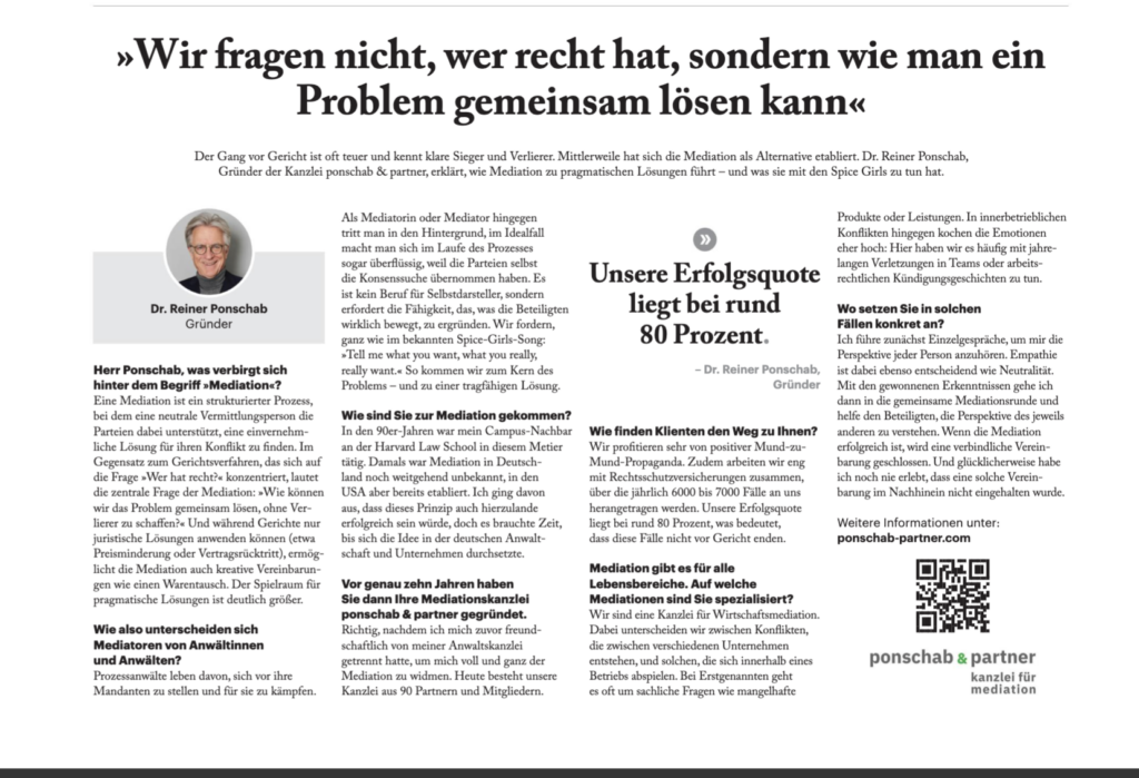 Das Bild steht in Zusammenhang mit Mediation und Konfliktlösung durch die Kanzlei Ponschab & Partner und zeigt folgendes: Eine deutschsprachige Zeitungsseite mit einem Interview, mit einem Foto von Dr. Reiner Ponschab, großer Überschrift, Textblöcken und einem ponschab + partner mediation Logo unten rechts. Das Layout ist strukturiert und textlastig. Bei Fragen zu Konflikten und Konfliktlösung wenden Sie sich bitte an uns unter info@ponschab-partner.com